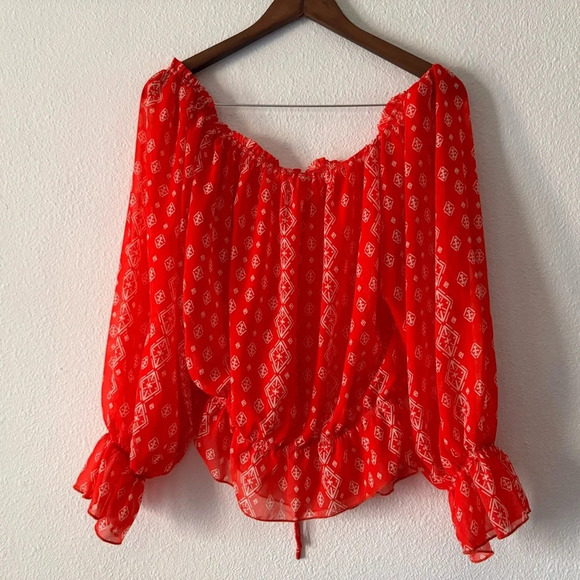 Off The Shoulder Long Sleeve Casual Summer Printed Tunic Shirt Blouse Top Red XL - Picture 10 of 11